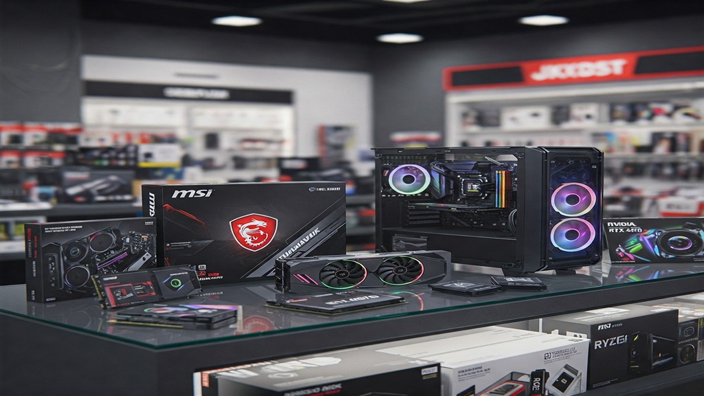 Affordable gaming PC components laid out on a table, showcasing budget-friendly build options.