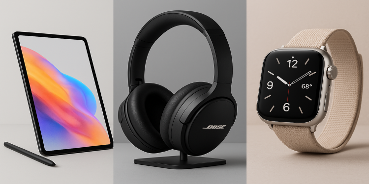 Showcase of stylish tech for review: Samsung Tab S9, Apple Watch 9, and Bose headphones arranged together.