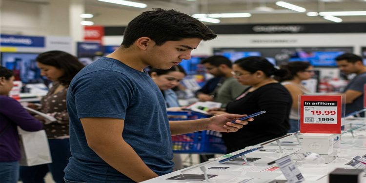 A person in an electronics store looking at a smartphone with a high price tag
