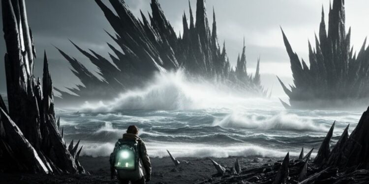 A lone figure of Sam Porter Bridges stands at the edge of a misty, otherworldly shore. Strange, glowing structures rise from the fog-obscured chiral sea in the distance.