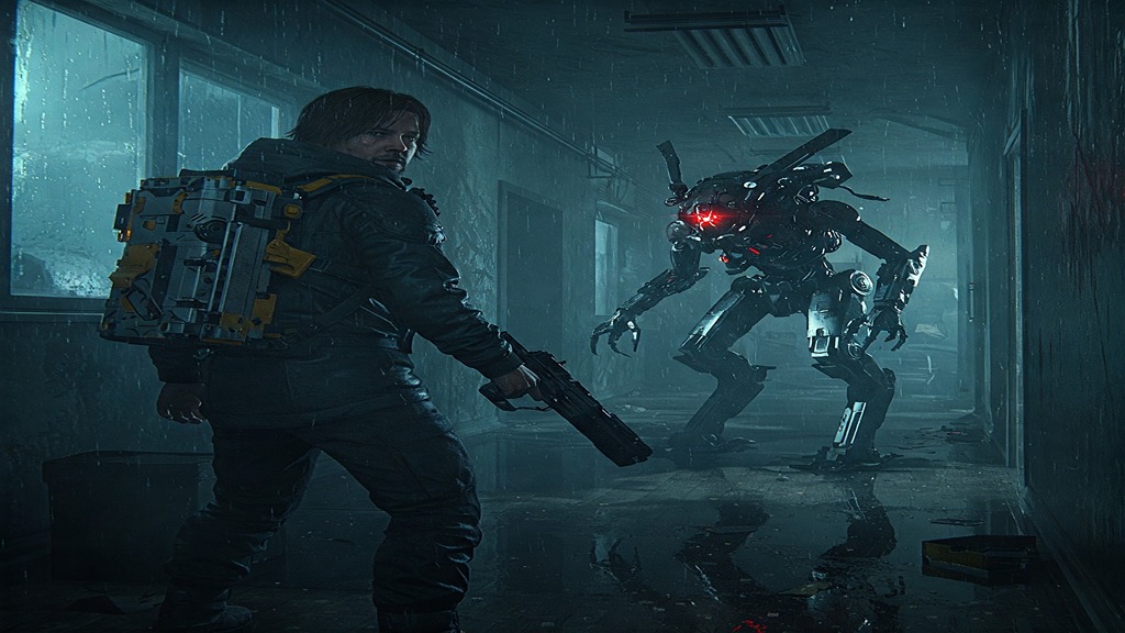 Sam Porter Bridges facing new robotic threats or Higgs in Death Stranding 2.