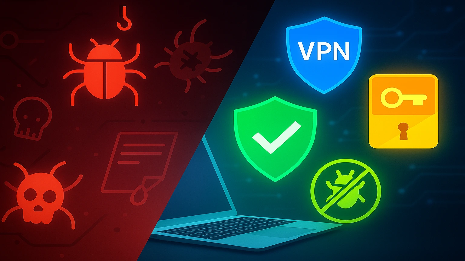 Split image contrasting dark digital threats with bright digital security tool icons.
