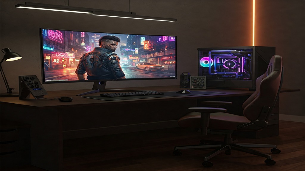 Complete gaming setup with peripherals and custom PC