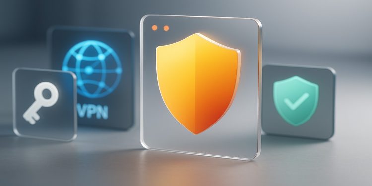 Split image contrasting dark digital threats with bright digital security tool icons.
