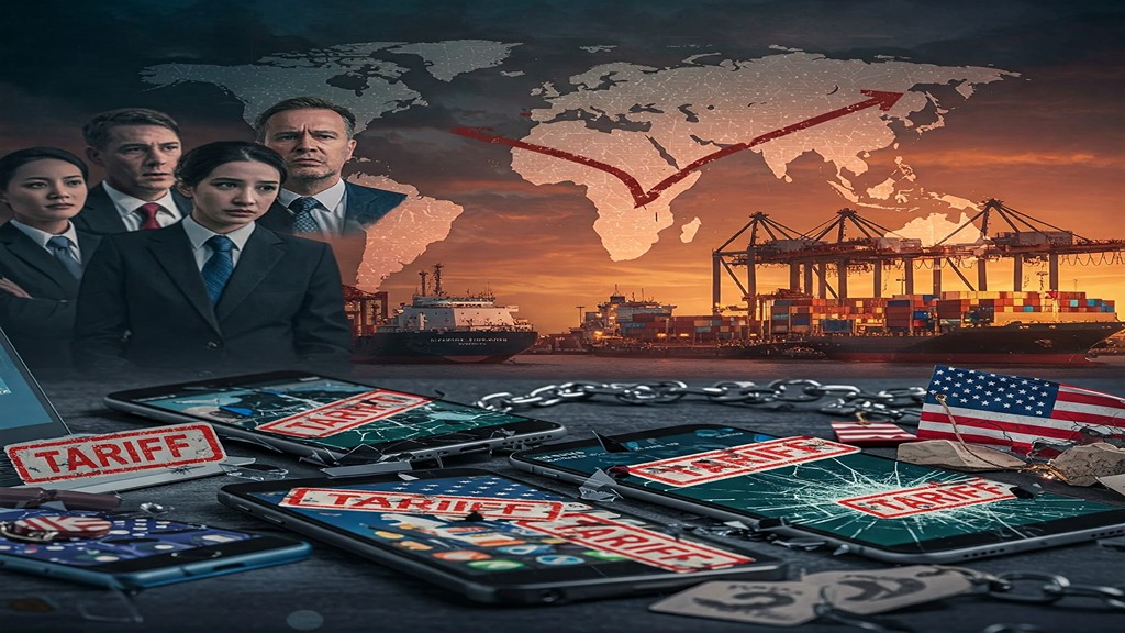 A dystopian scene depicting the impact of US tariffs on global trade. High-tech devices are covered in "Tariff" stamps and price tags, symbolizing increased costs. A port with shipping containers and a global map illustrate trade disruption.