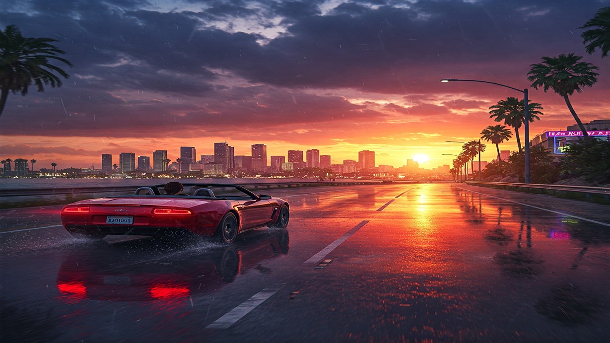Sports convertible driving into a sunset in Liberty City in GTA 4, showcasing cinematic visuals and urban atmosphere.