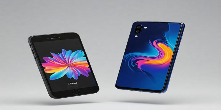 Two smartphones, the compact Apple iPhone SE (3rd Gen) and the larger Samsung Galaxy A55, floating in mid-air with bright screens displaying a colorful abstract graphic.