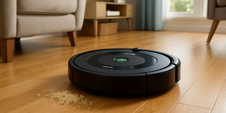 iRobot Roomba vacuum cleaning crumbs on a hardwood floor in a sunlit living room