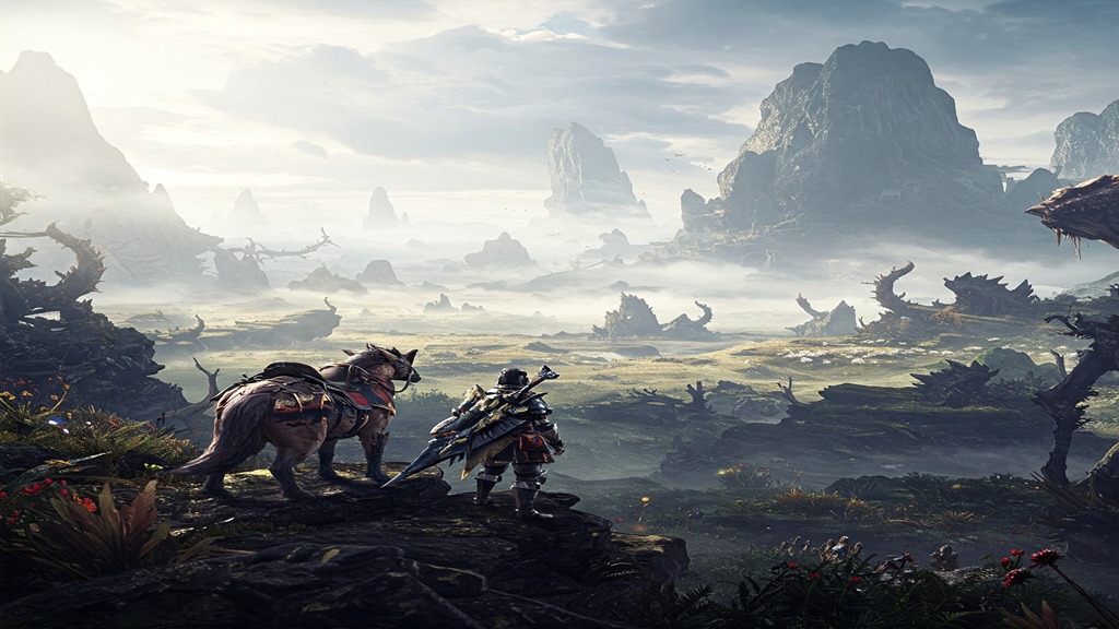 Hunter and Seikret overlooking misty, vast landscape in Monster Hunter Wilds.