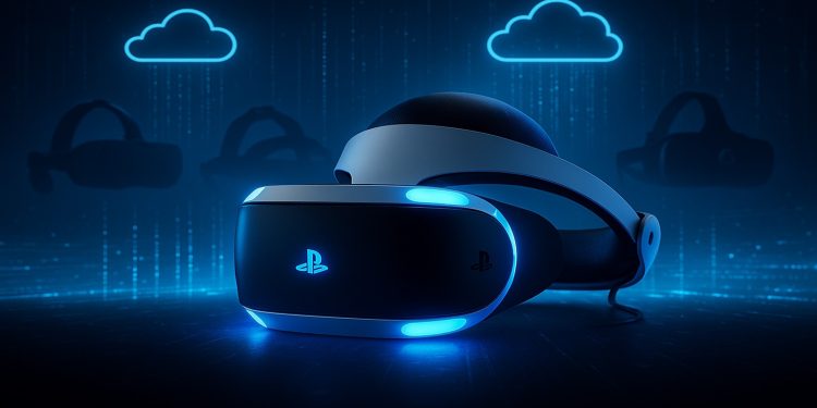PlayStation VR headset glowing in blue light, positioned in a futuristic digital landscape with cloud icons and shadowy outlines of competing VR headsets in the background.