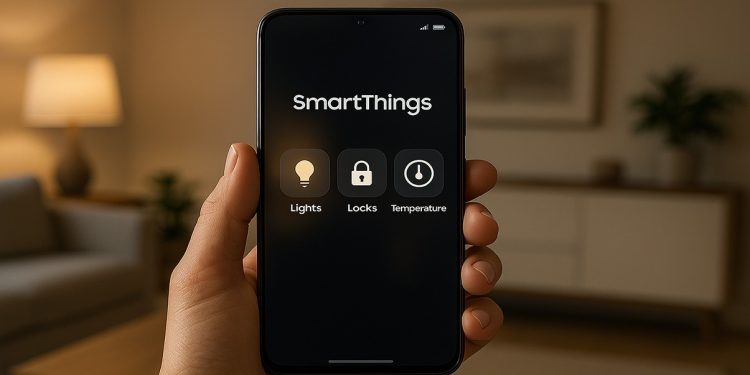 Hand holding smartphone showing the Samsung SmartThings app used for managing smart home devices like lights and security.