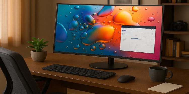 Home office setup with a curved 24-inch monitor on a wooden desk, featuring colorful wallpaper, productivity apps, and ergonomic workspace accessories.