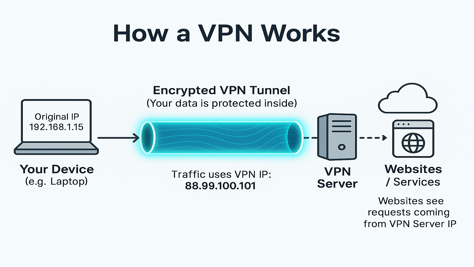 Diagram explaining VPN function with encrypted tunnel and IP masking.