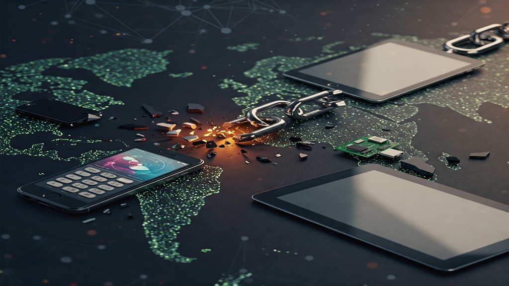 A chain of devices, including a smartphone, tablet, laptop, and desktop computer, connected by a broken chain, symbolizing the disruption of global technology supply due to tech tariffs.
