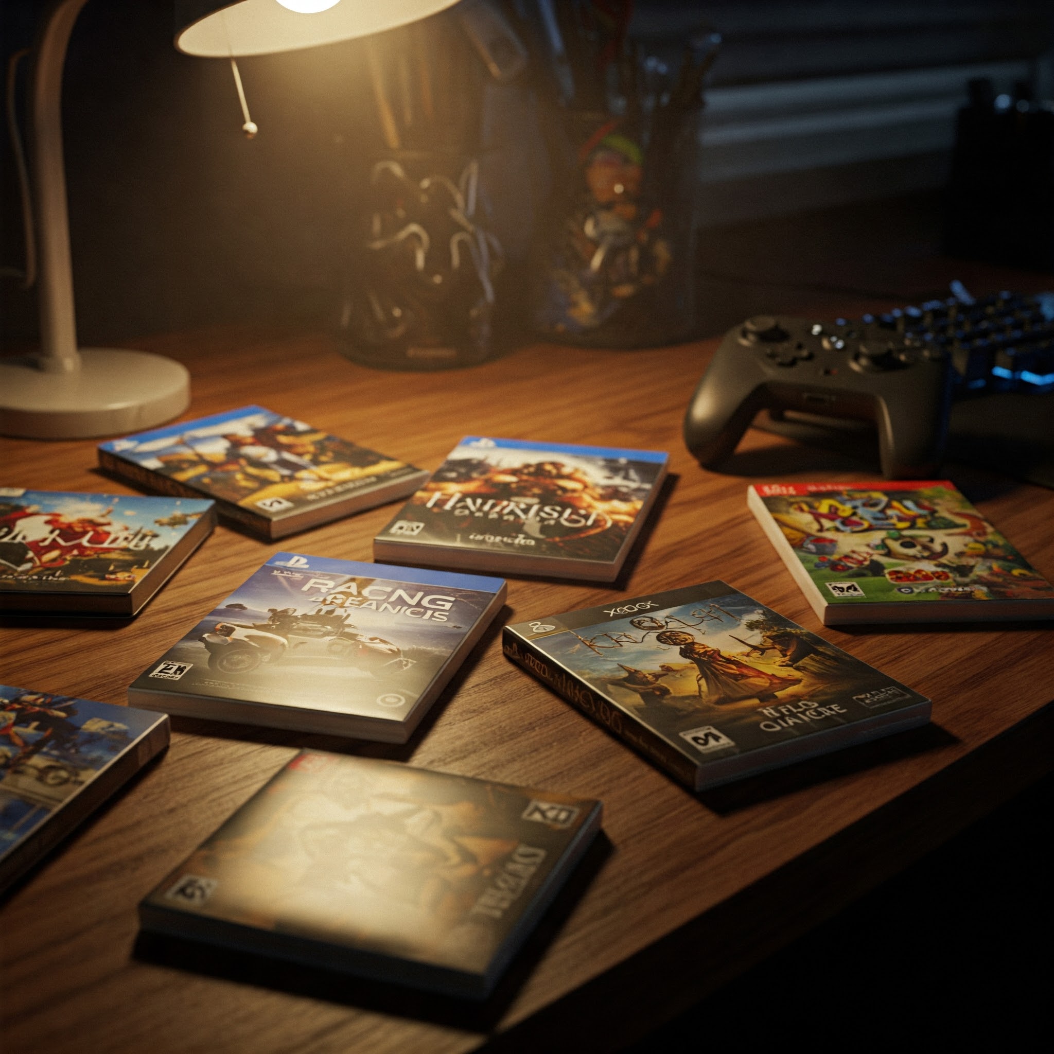 Diverse collection of physical video game cases on bookshelf.