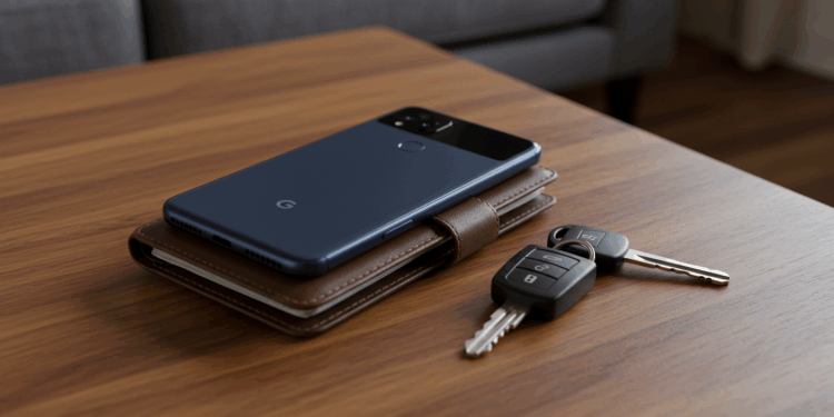 Google Pixel 9 smartphone resting on a leather wallet with car keys on a wooden coffee table in a cozy living room.
