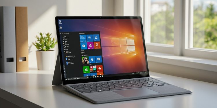 Latest Windows Surface laptop on desk with Windows 11