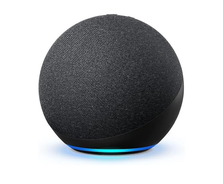 Amazon Echo 4th Gen smart speaker in charcoal fabric, showing its spherical design and illuminated blue Alexa light ring at the base.