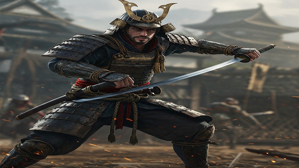 Yasuke the samurai protagonist from Assassins Creed Shadows in full armor with katana
