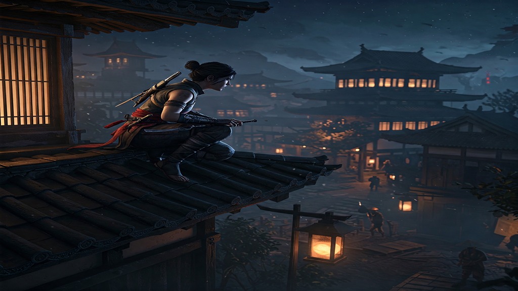 Naoe the shinobi using stealth tactics in Assassins Creed Shadows