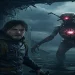 Sam Porter Bridges confronts a menacing red-eyed robot in a desolate, rocky landscape in a scene from Death Stranding 2: On The Beach.