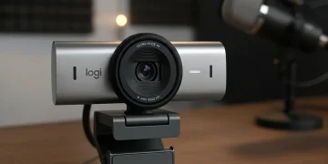 Logitech Brio 4K webcam on a desk with a podcast microphone.