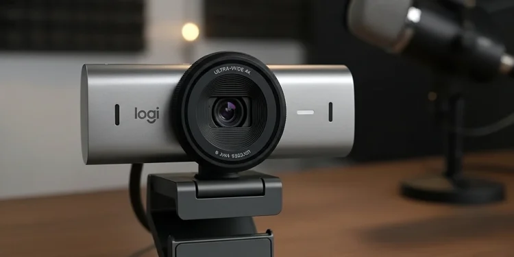 Logitech Brio 4K webcam on a desk with a podcast microphone.