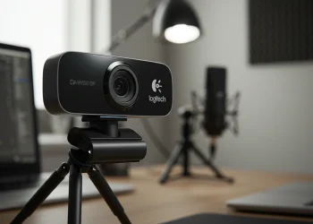 A professional Logitech MX Brio 4K webcam on a desktop tripod in a bright and clean content creator studio.