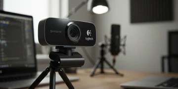 A professional Logitech MX Brio 4K webcam on a desktop tripod in a bright and clean content creator studio.
