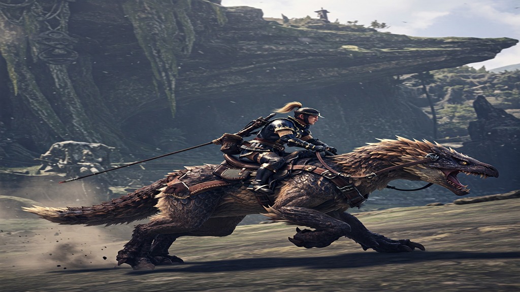 Hunter riding Seikret mount across Windward Plains in Monster Hunter Wilds showcasing fast traversal and dynamic open-world environment