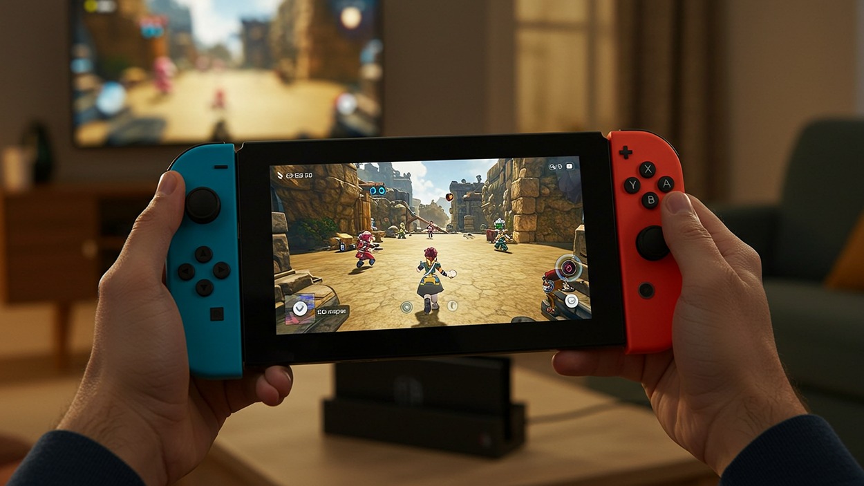 A person holding a Nintendo Switch with neon red and blue Joy-Cons, playing a colorful third-person adventure game in handheld mode with a TV in the background.