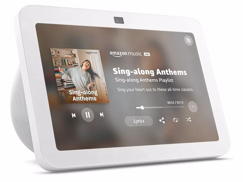 amazon-echo-show-8 The sleek white Samsung Jet Bot AI+ robot vacuum intelligently cleaning a modern living room, with its self-emptying Clean Station visible in the background.