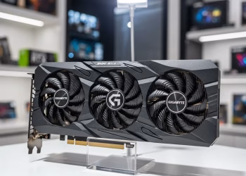 The GIGABYTE GeForce RTX 5060 graphics card displayed prominently in a retail store.