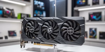 The GIGABYTE GeForce RTX 5060 graphics card displayed prominently in a retail store.