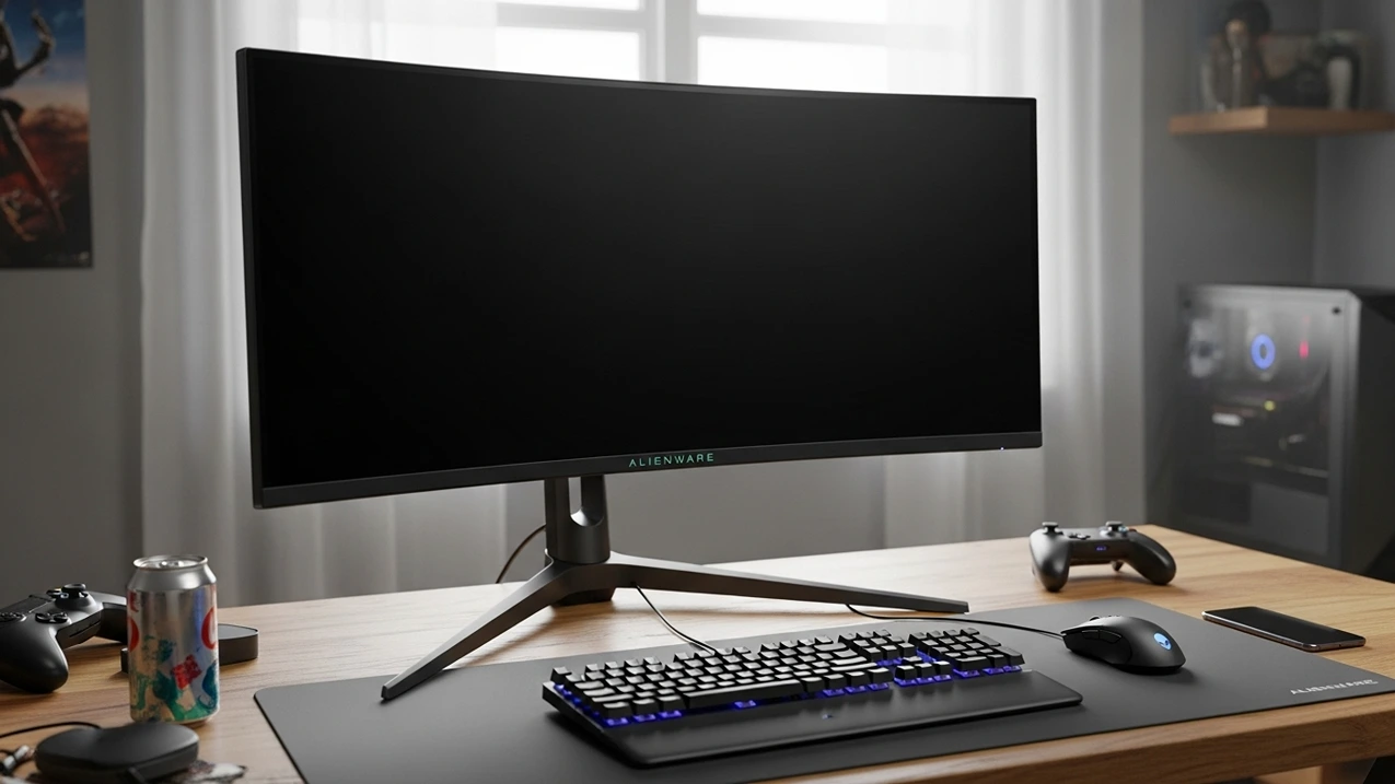 Alienware curved gaming monitor on a wooden desk with a backlit keyboard and mouse.