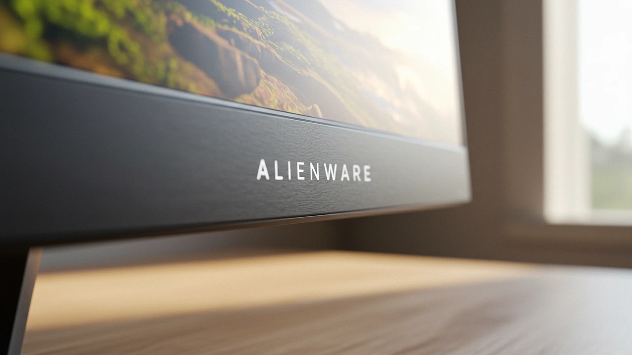 A close-up of the Alienware logo on the bottom bezel of a gaming monitor.
