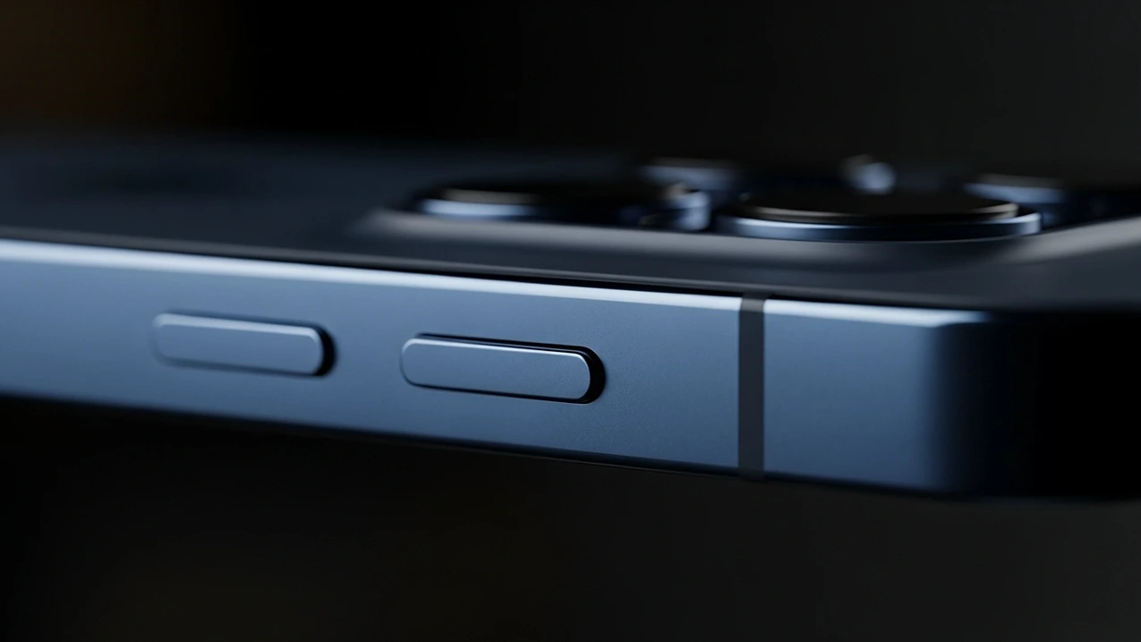 blue-iphone-side-buttons A macro shot of the side of a Blue Titanium iPhone, focusing on the Action Button and volume rockers with the camera lenses blurred in the background.