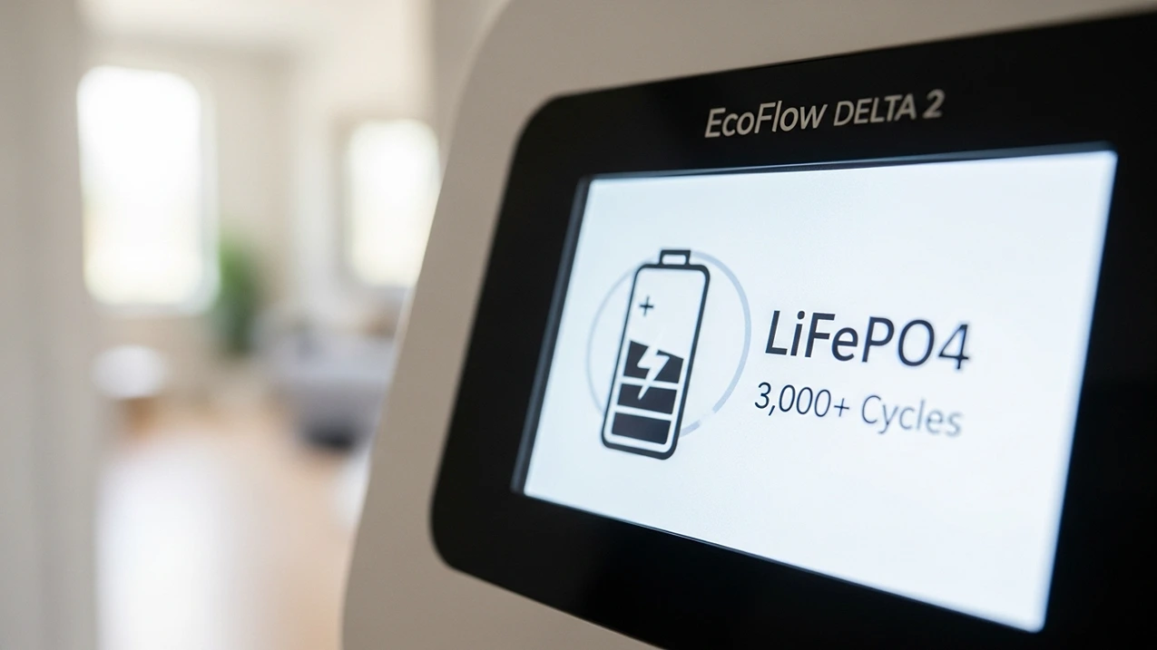 A close-up of the EcoFlow DELTA 2 screen showing the LiFePO4 battery technology and 3,000+ cycle life.

