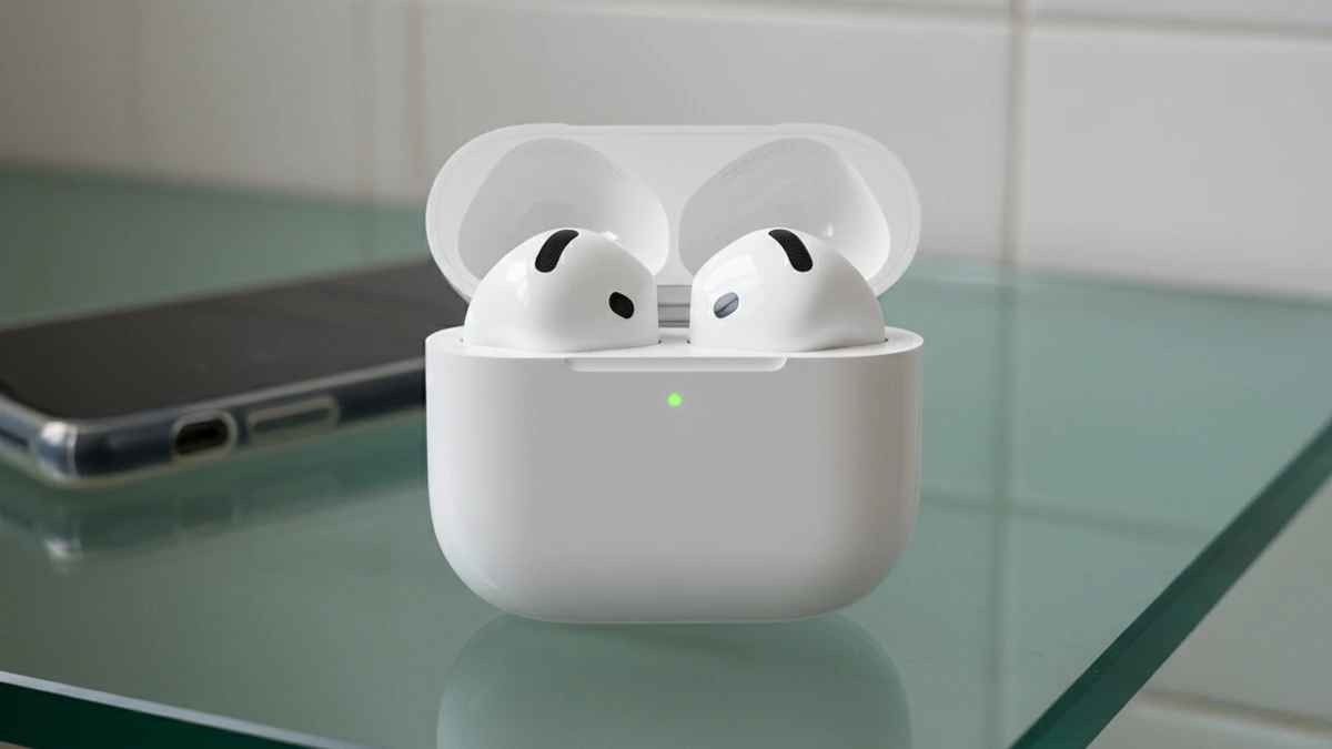 AirPods 4 hardware data showing the open charging case on a glass countertop without silicone tips.