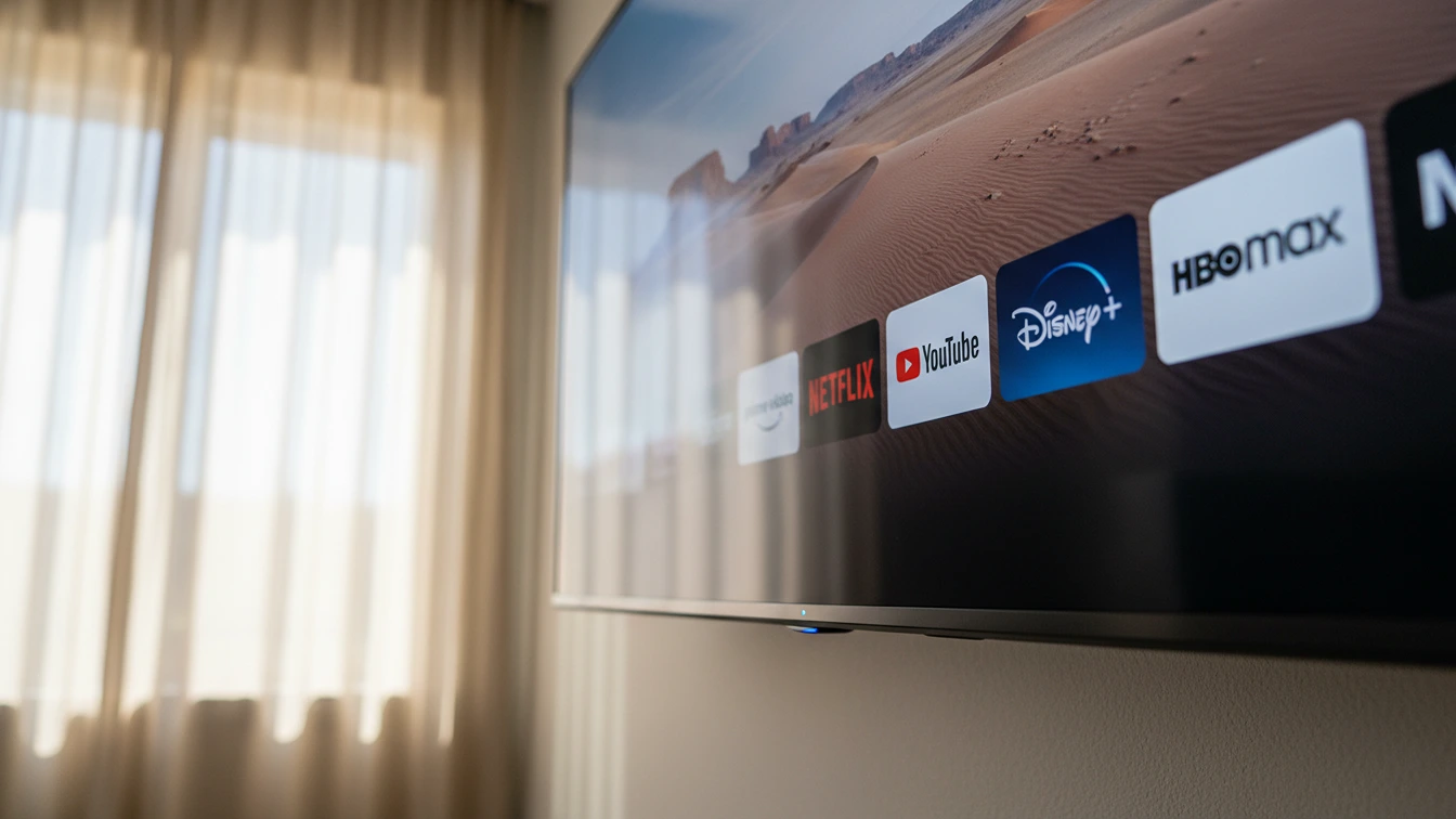 Close-up of the bright circular blue LED light on the bottom bezel of a wall-mounted Amazon Fire TV Omni indicating active microphones.