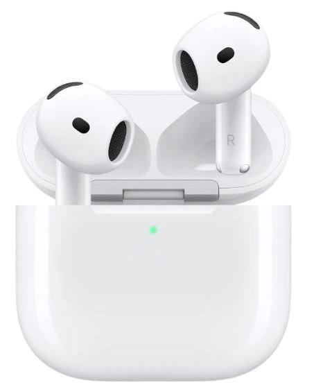 White Apple AirPods 5 earbuds resting in an open white charging case with a green status light