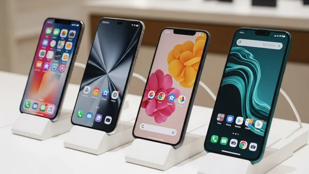 Four modern smartphones on white display stands, comparing designs that affect smartphone longevity