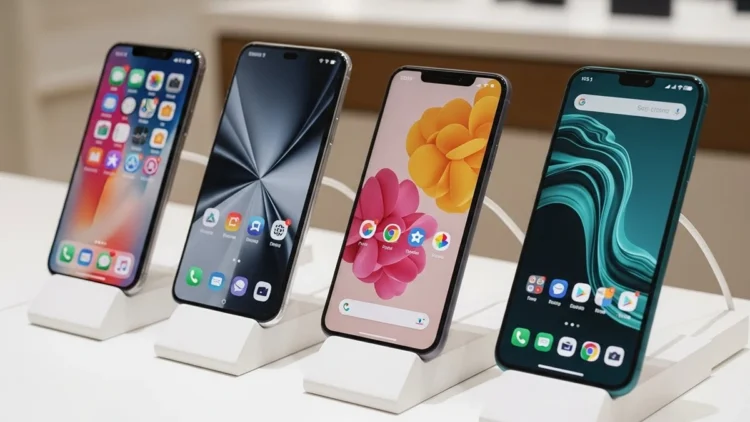 Four modern smartphones on white display stands, comparing designs that affect smartphone longevity