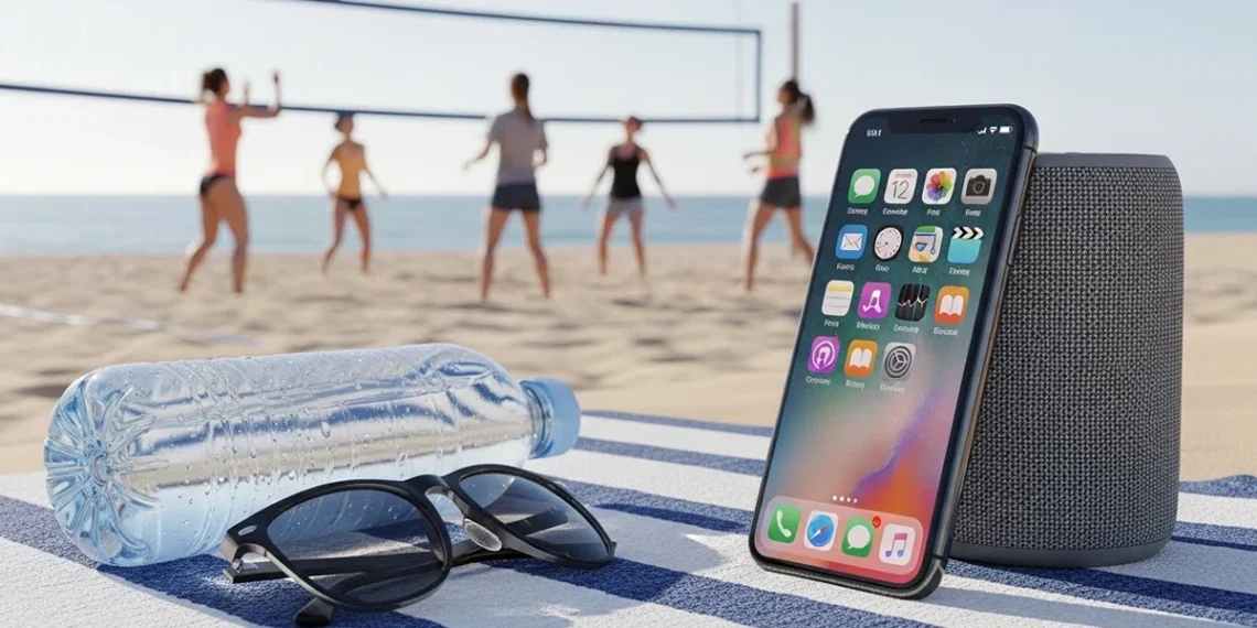 Black iPhone 16e leaning on speaker with empty left space.