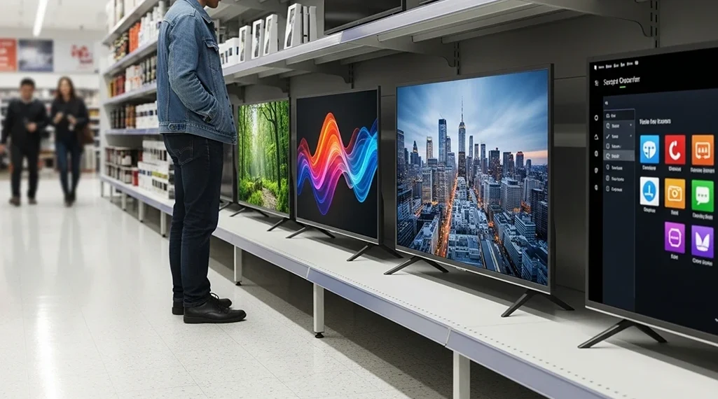 on current screens identify technical wins for integrated systems. Visual verification reveals screen variety in a regular store setting during a morning visit.