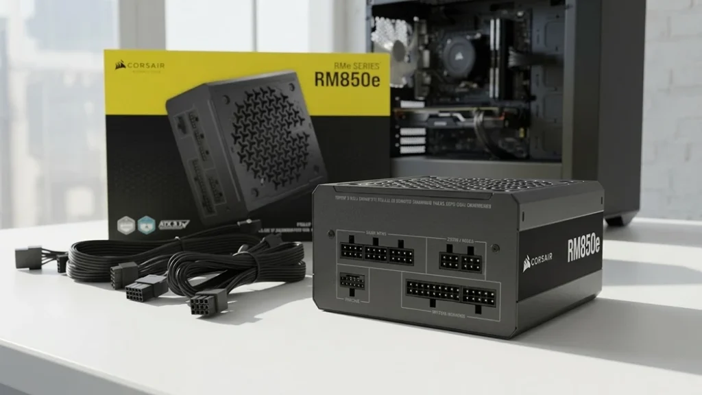 Corsair RM850e power supply with its modular cables and retail box on a white desk beside an open PC case