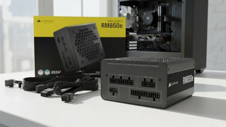 Corsair RM850e power supply with its modular cables and retail box on a white desk beside an open PC case