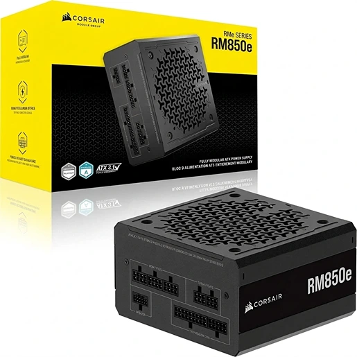 Corsair RM850e fully modular ATX 3.1 power supply shown beside its yellow and black retail box