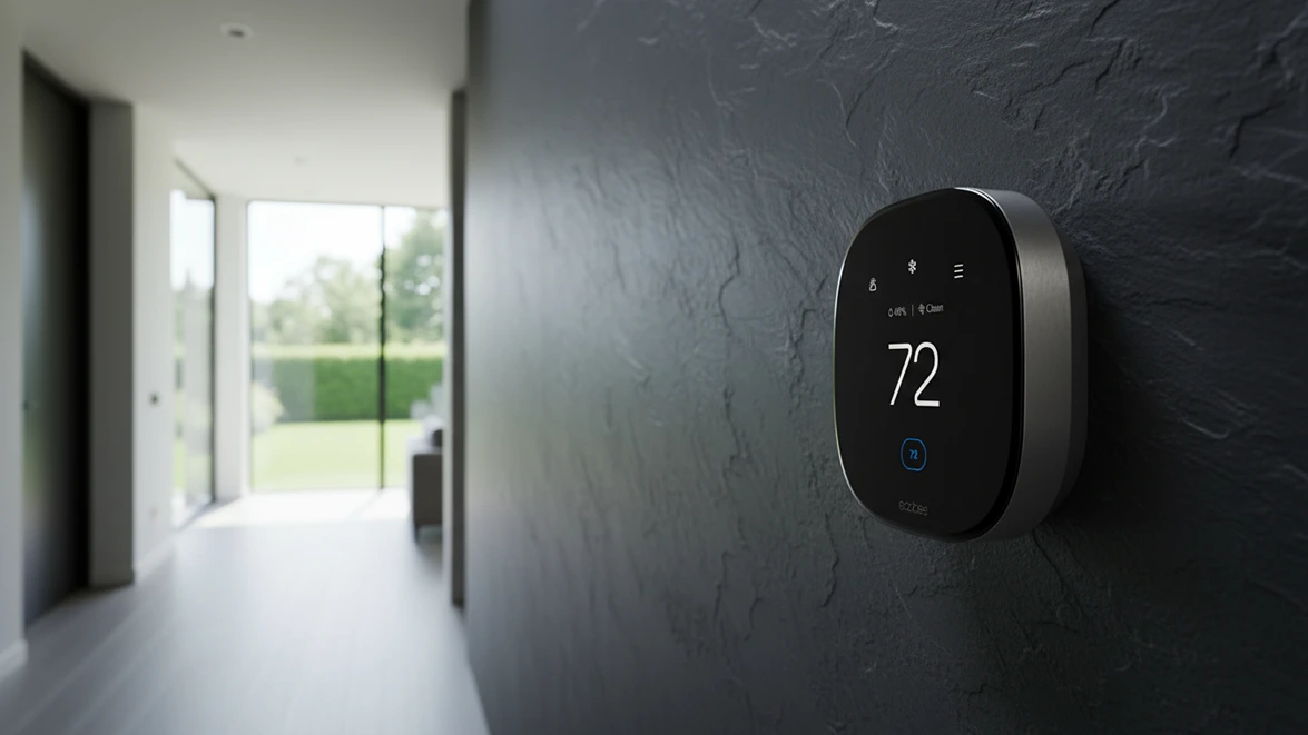 Frontal view of the Ecobee Smart Thermostat Premium showing the 72 degree temperature and air quality monitor on a slate wall.