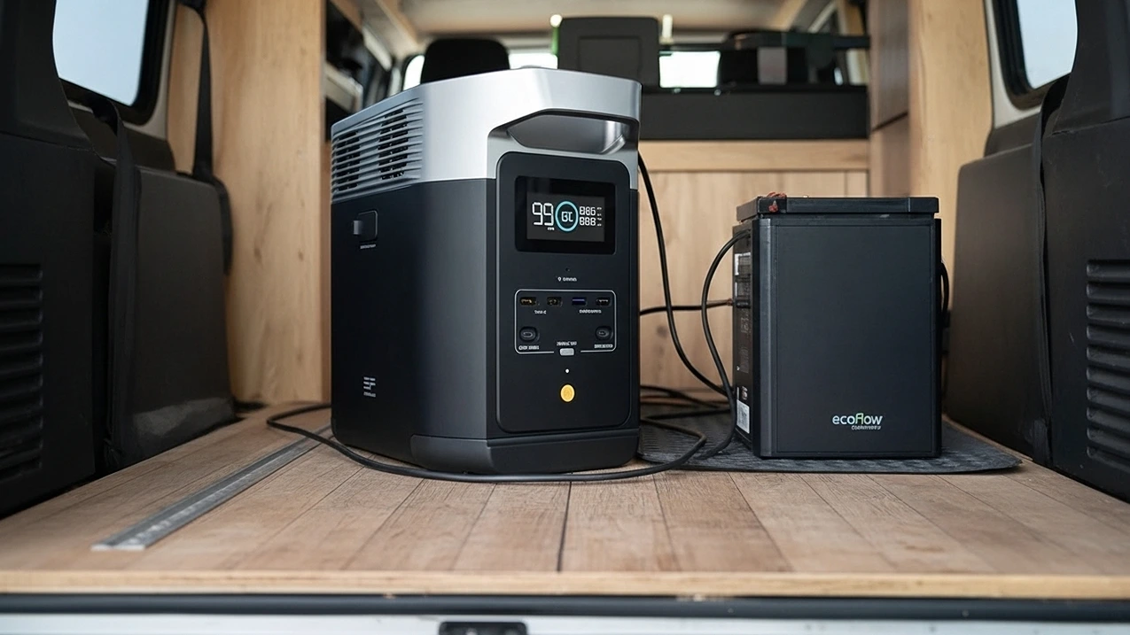 EcoFlow DELTA 2 and extra battery in a camper van.
